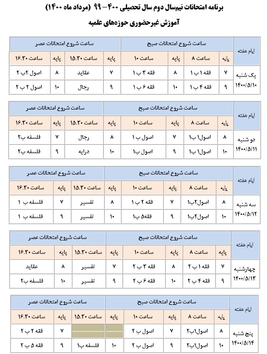 اصلاحيه برنامه امتحانات نيم سال دوم سال تحصيلي 1399-1400 آموزش مجازي و غيرحضوری