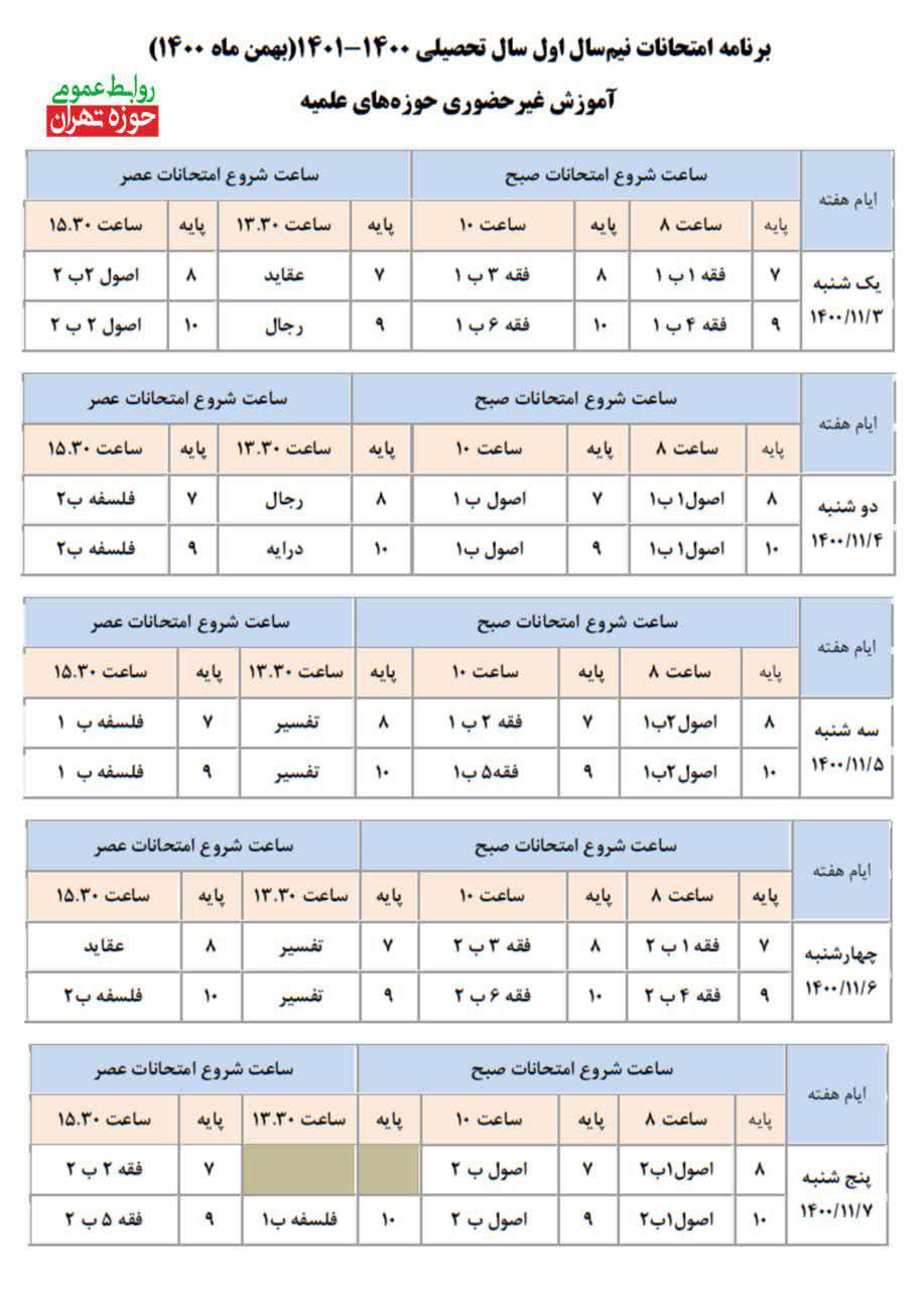 برنامه امتحانات نيم‌سال اول سال تحصيلي 1400-1401 (بهمن ماه 1400)